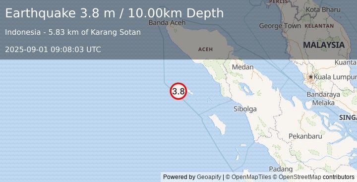 Earthquake SIMEULUE, INDONESIA (3.8 m) (2025-09-01 09:08:03 UTC)