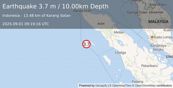 Earthquake SIMEULUE, INDONESIA (3.7 m) (2025-09-01 09:19:16 UTC)