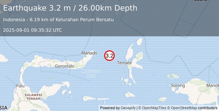 Earthquake MOLUCCA SEA (3.2 m) (2025-09-01 09:35:32 UTC)