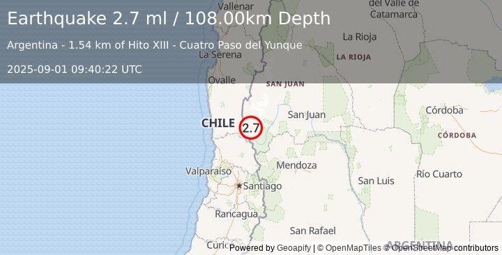 Earthquake SAN JUAN, ARGENTINA (2.7 ml) (2025-09-01 09:40:22 UTC)