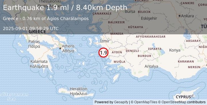 Earthquake WESTERN TURKEY (1.9 ml) (2025-09-01 09:58:29 UTC)