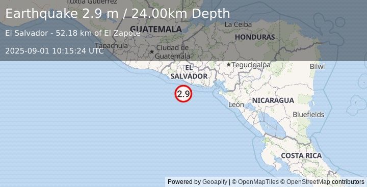 Earthquake OFFSHORE EL SALVADOR (2.9 m) (2025-09-01 10:15:24 UTC)