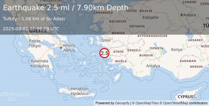 Earthquake WESTERN TURKEY (2.1 ml) (2025-09-01 11:06:09 UTC)