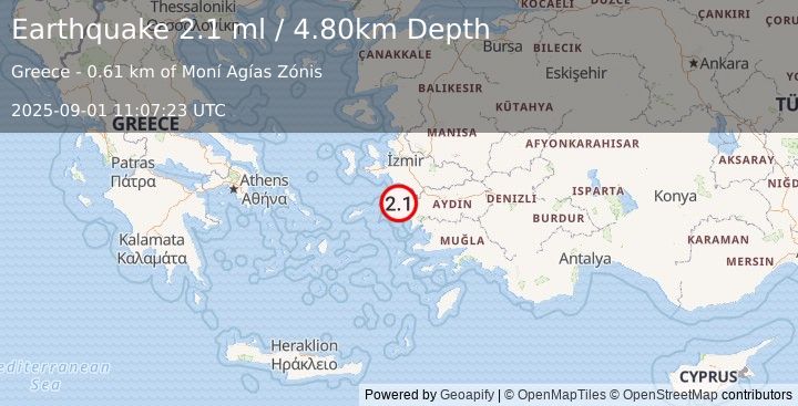 Earthquake WESTERN TURKEY (1.9 ml) (2025-09-01 11:07:24 UTC)