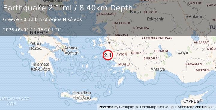 Earthquake WESTERN TURKEY (2.1 ml) (2025-09-01 11:15:20 UTC)