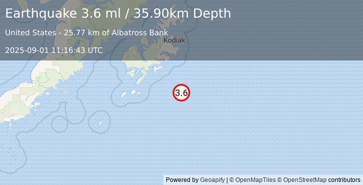 Earthquake KODIAK ISLAND REGION, ALASKA (3.6 ml) (2025-09-01 11:16:43 UTC)