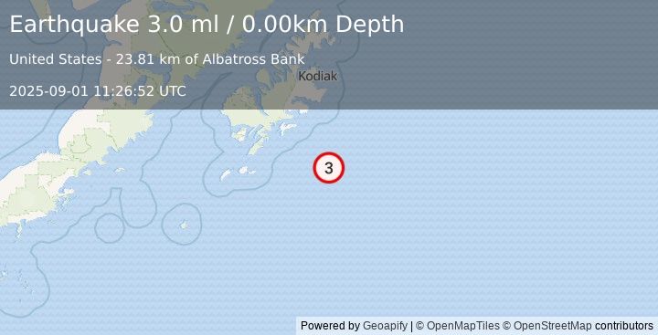 Earthquake KODIAK ISLAND REGION, ALASKA (3.0 ml) (2025-09-01 11:26:52 UTC)