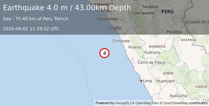 Earthquake OFF COAST OF NORTHERN PERU (4.0 m) (2025-09-01 11:29:22 UTC)