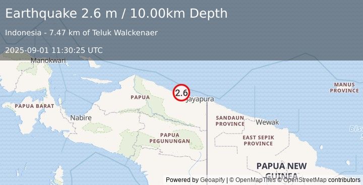 Earthquake NEAR N COAST OF PAPUA, INDONESIA (2.6 m) (2025-09-01 11:30:25 UTC)