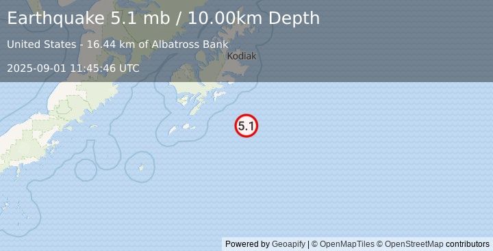 Earthquake KODIAK ISLAND REGION, ALASKA (4.9 mw) (2025-09-01 11:45:45 UTC)