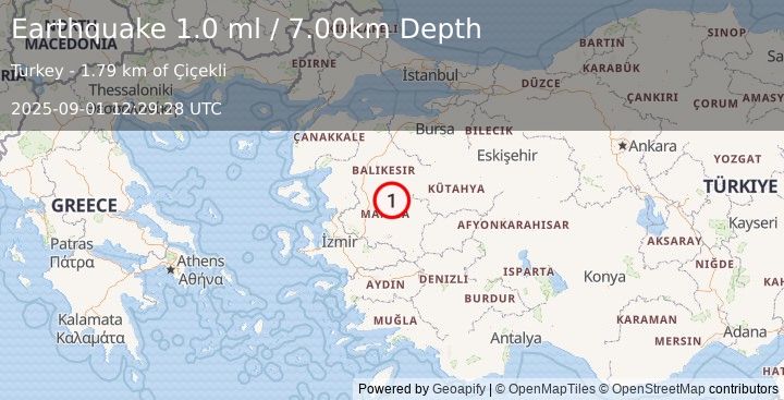 Earthquake WESTERN TURKEY (1.0 ml) (2025-09-01 12:29:28 UTC)
