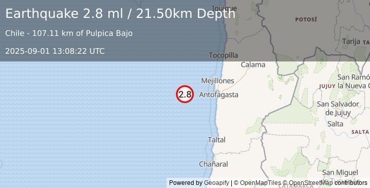 Earthquake OFF COAST OF ANTOFAGASTA, CHILE (2.8 ml) (2025-09-01 13:08:22 UTC)