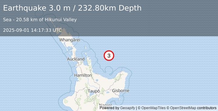 Earthquake OFF E. COAST OF N. ISLAND, N.Z. (3.0 m) (2025-09-01 14:17:33 UTC)