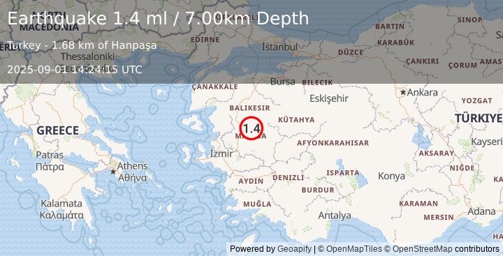 Earthquake WESTERN TURKEY (1.6 ml) (2025-09-01 14:24:40 UTC)