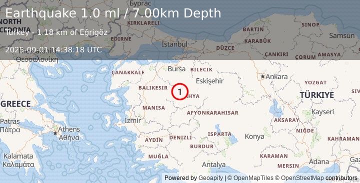 Earthquake WESTERN TURKEY (1.0 ml) (2025-09-01 14:38:18 UTC)
