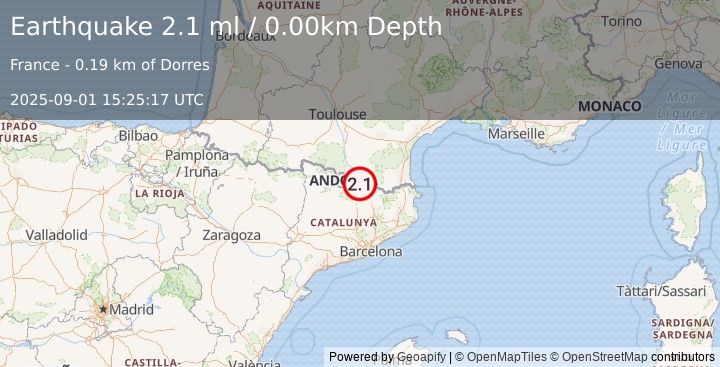 Earthquake PYRENEES (2.1 ml) (2025-09-01 15:25:17 UTC)