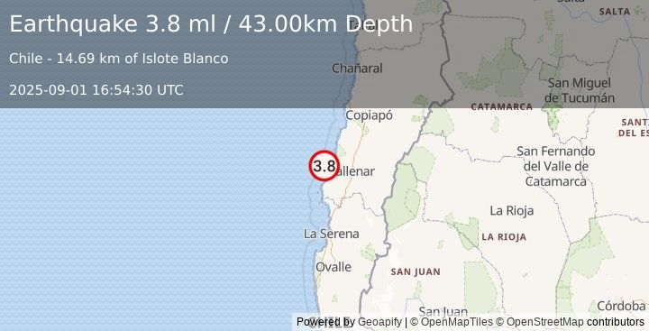 Earthquake ATACAMA, CHILE (3.7 ml) (2025-09-01 16:54:28 UTC)
