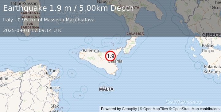 Earthquake SICILY, ITALY (2.3 ml) (2025-09-01 17:09:10 UTC)