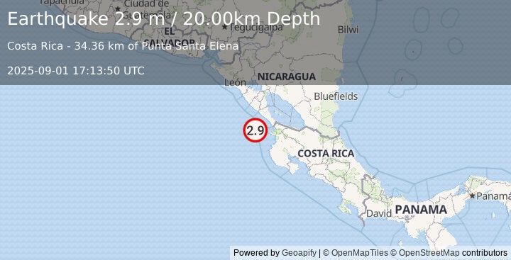 Earthquake OFF COAST OF COSTA RICA (2.9 m) (2025-09-01 17:13:50 UTC)