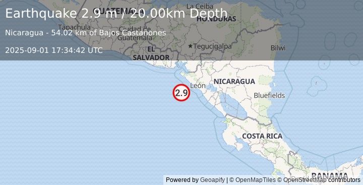 Earthquake NEAR COAST OF NICARAGUA (2.9 m) (2025-09-01 17:34:42 UTC)