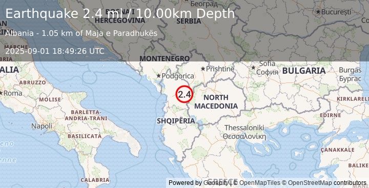 Earthquake ALBANIA (2.2 ml) (2025-09-01 18:49:27 UTC)