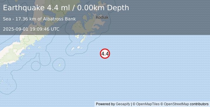 Earthquake KODIAK ISLAND REGION, ALASKA (4.8 mb) (2025-09-01 19:09:51 UTC)