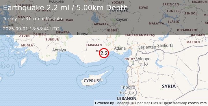 Earthquake CENTRAL TURKEY (2.2 ml) (2025-09-01 18:58:44 UTC)