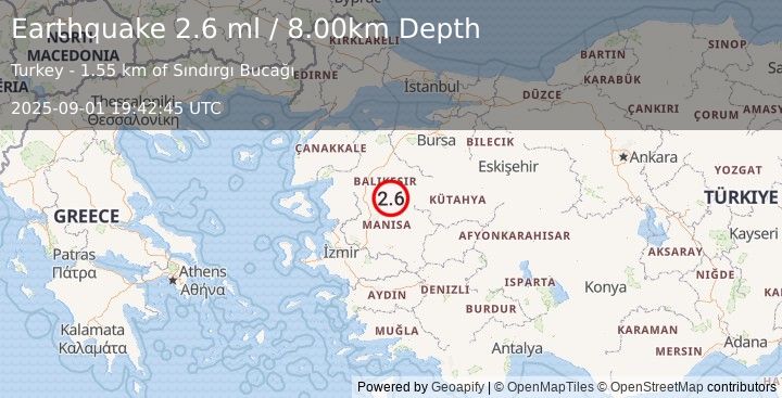 Earthquake WESTERN TURKEY (2.4 ml) (2025-09-01 19:42:45 UTC)