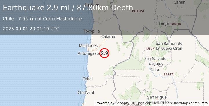Earthquake ANTOFAGASTA, CHILE (2.9 ml) (2025-09-01 20:01:19 UTC)