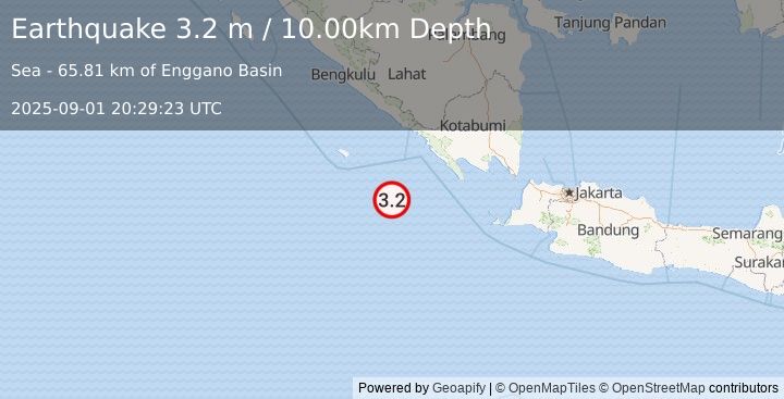 Earthquake SOUTHWEST OF SUMATRA, INDONESIA (3.2 m) (2025-09-01 20:29:23 UTC)