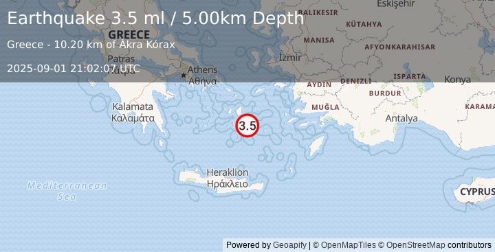 Earthquake DODECANESE ISLANDS, GREECE (3.6 ml) (2025-09-01 21:02:06 UTC)