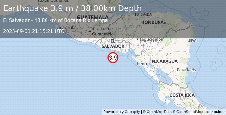 Earthquake OFFSHORE EL SALVADOR (3.9 m) (2025-09-01 21:15:21 UTC)