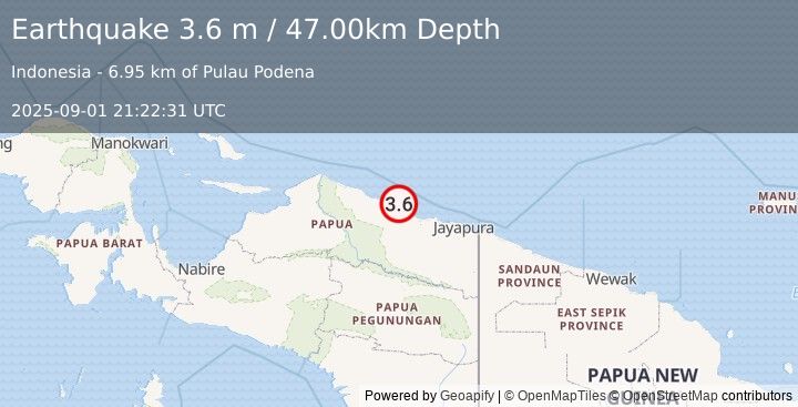Earthquake NEAR N COAST OF PAPUA, INDONESIA (3.6 m) (2025-09-01 21:22:31 UTC)