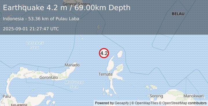 Earthquake MOLUCCA SEA (4.2 m) (2025-09-01 21:27:47 UTC)