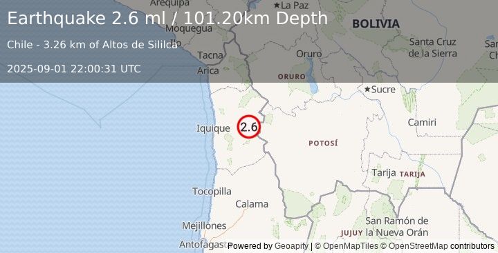 Earthquake TARAPACA, CHILE (2.6 ml) (2025-09-01 22:00:31 UTC)