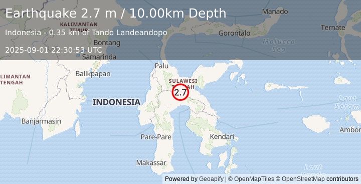 Earthquake SULAWESI, INDONESIA (2.7 m) (2025-09-01 22:30:53 UTC)