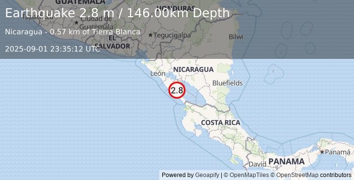 Earthquake NEAR COAST OF NICARAGUA (2.8 m) (2025-09-01 23:35:12 UTC)