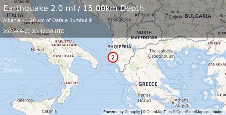 Earthquake ALBANIA (2.1 ml) (2025-09-01 23:42:53 UTC)