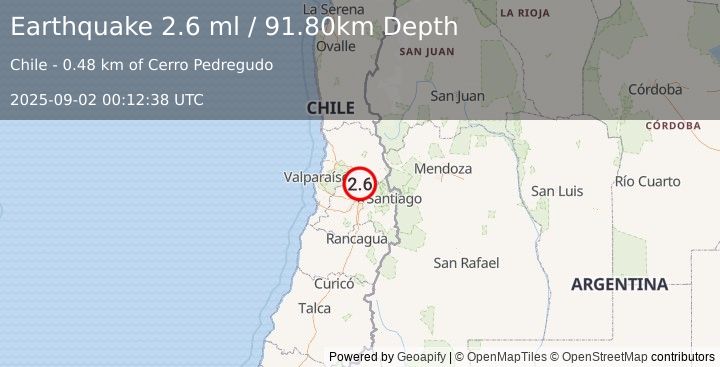 Earthquake REGION METROPOLITANA, CHILE (2.6 ml) (2025-09-02 00:12:38 UTC)