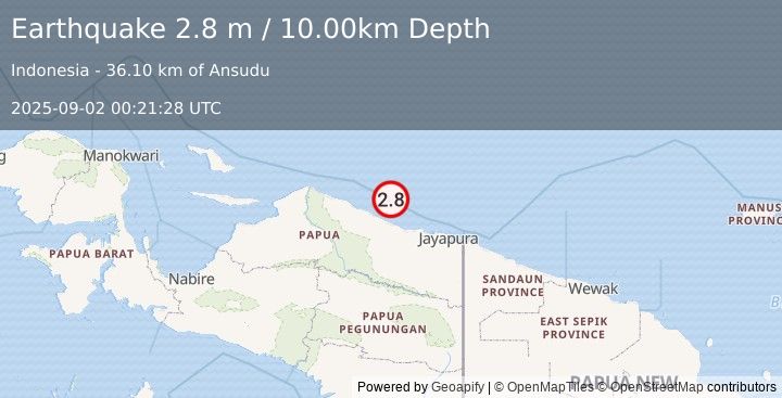 Earthquake NEAR N COAST OF PAPUA, INDONESIA (2.8 m) (2025-09-02 00:21:28 UTC)