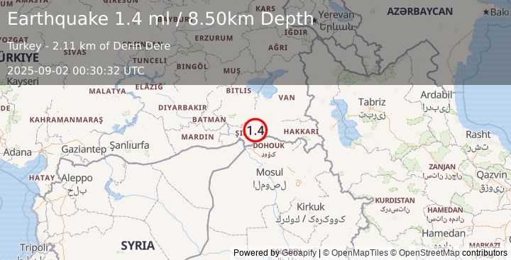 Earthquake EASTERN TURKEY (1.1 ml) (2025-09-02 00:30:48 UTC)