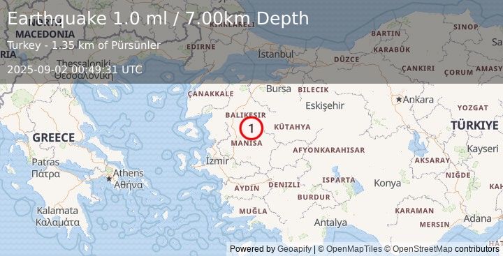 Earthquake WESTERN TURKEY (1.0 ml) (2025-09-02 00:48:49 UTC)
