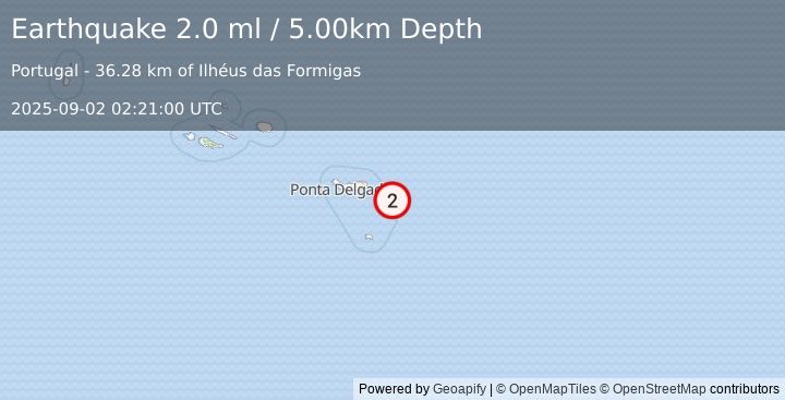 Earthquake AZORES ISLANDS REGION (2.0 ml) (2025-09-02 02:21:00 UTC)