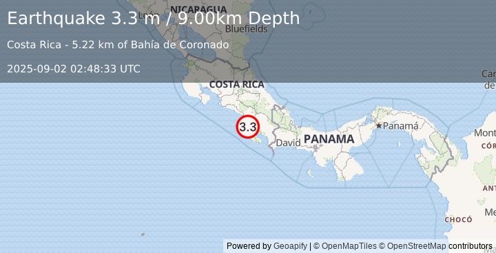 Earthquake COSTA RICA (3.3 m) (2025-09-02 02:48:33 UTC)