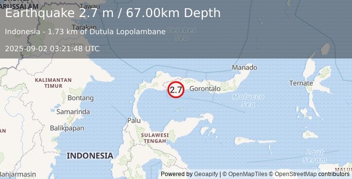 Earthquake MINAHASA, SULAWESI, INDONESIA (2.7 m) (2025-09-02 03:21:48 UTC)