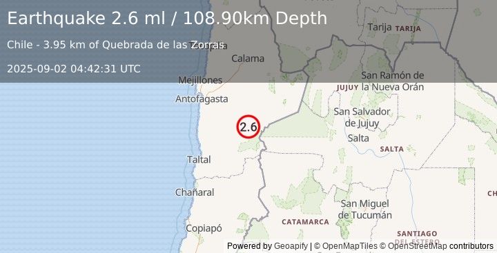Earthquake ANTOFAGASTA, CHILE (2.6 ml) (2025-09-02 04:42:31 UTC)