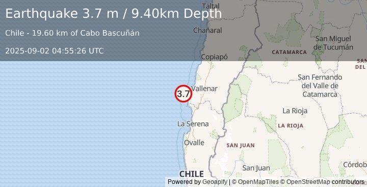 Earthquake ATACAMA, CHILE (3.6 ml) (2025-09-02 04:55:28 UTC)