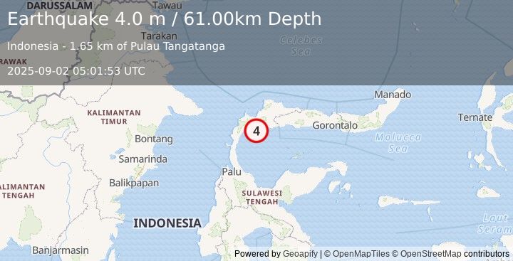 Earthquake MINAHASA, SULAWESI, INDONESIA (4.0 m) (2025-09-02 05:01:53 UTC)