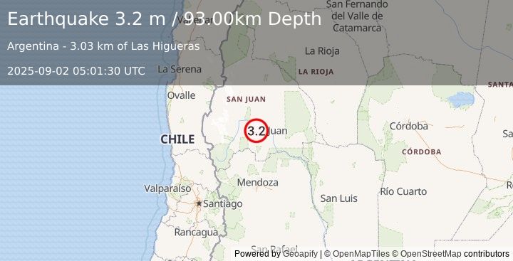 Earthquake SAN JUAN, ARGENTINA (3.2 m) (2025-09-02 05:01:30 UTC)