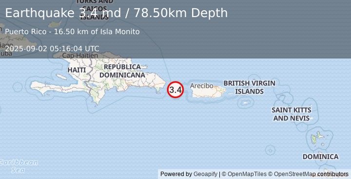 Earthquake MONA PASSAGE, PUERTO RICO (3.4 md) (2025-09-02 05:16:04 UTC)